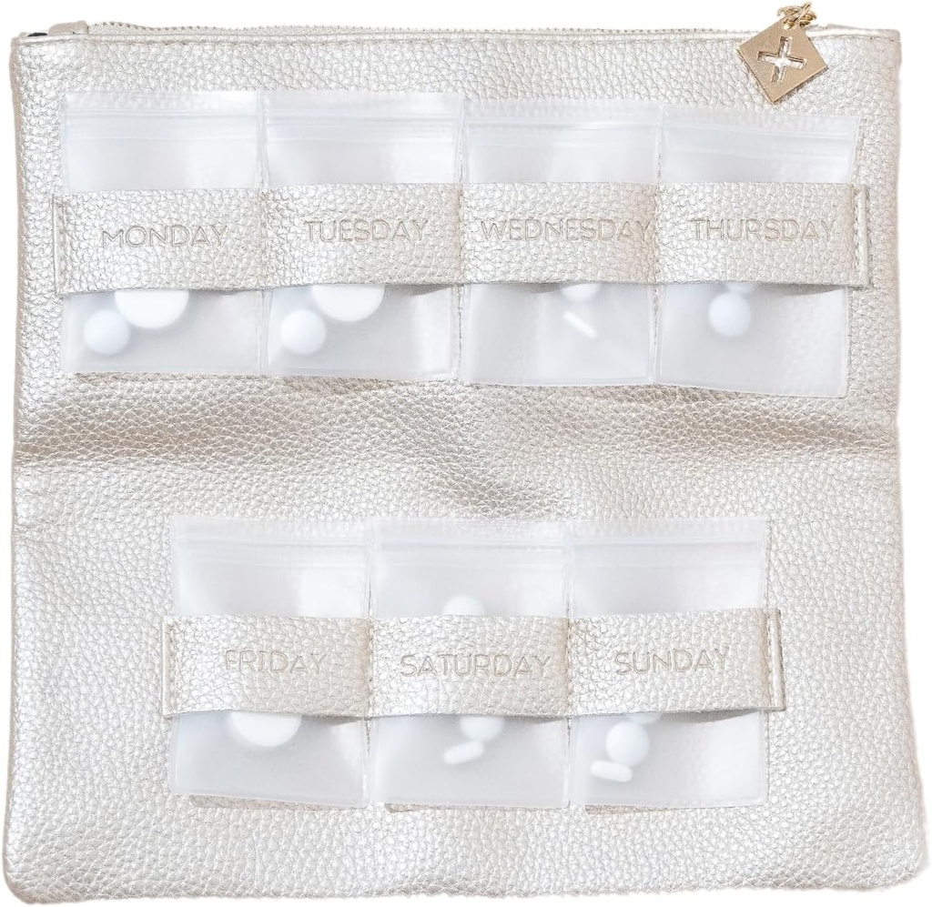 Dosey Gold Era Purse de 7 jours - Organisateur quotidien de pilules en cuir végétalien - Poche de voyage de luxe, Poche de pilules hermétiques pour l'entreposage et la protection des médicaments - Organisateur de pilules élégant et de médicaments – Or