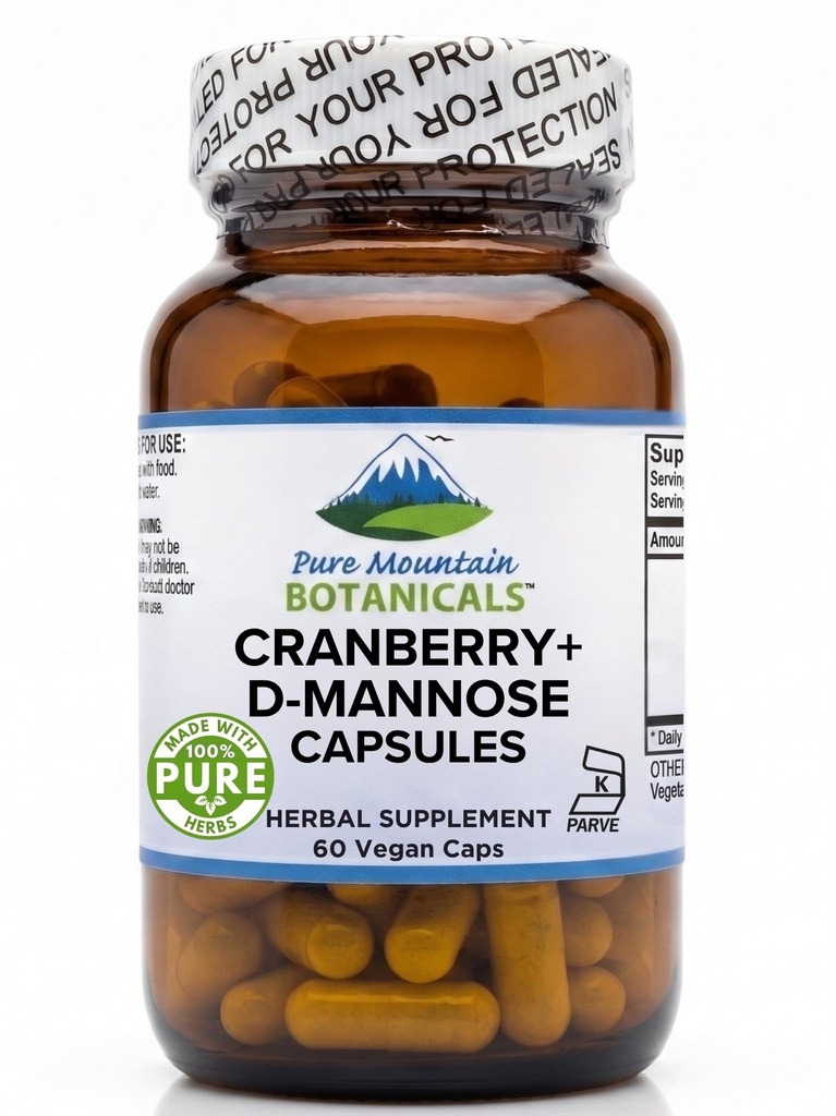 Pure Mountain Botanicals Cranberry D Mannose Capsules - 60 Kosher Vegan Caps - 1000mg D Mannose met Cranberry Concentrate Plus Vitamine C