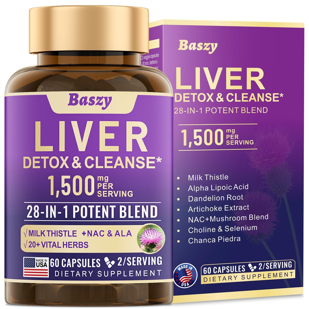 28-in-1 Leverreiniging Detox & Repair - 1500mg Levergezondheidsondersteuning met melkdistel, Dandelion Root, Artichoke Extract en 20+ Kruidenleverondersteuningssupplementen - Gemaakt in de VS - 60 capsules