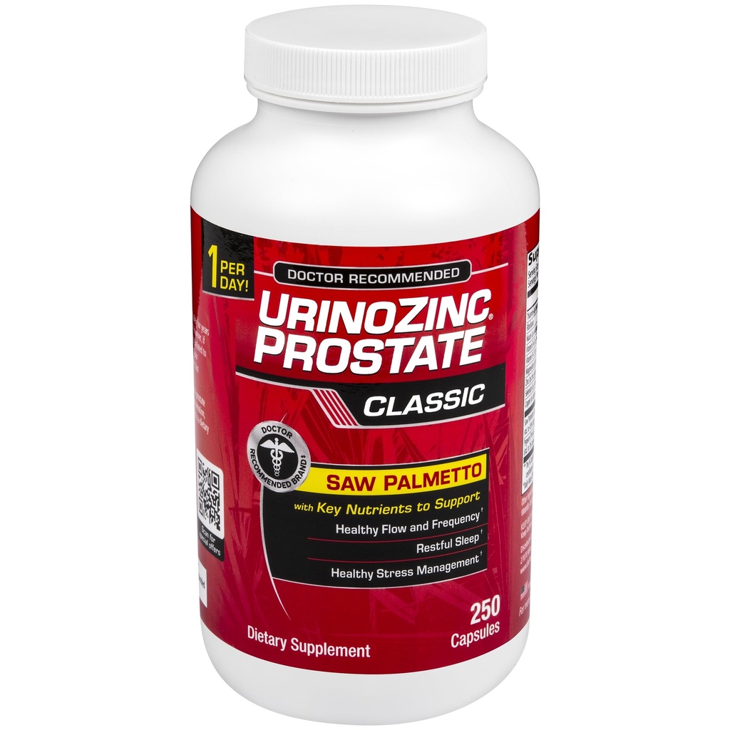 Supplément Prostate Classique d'Urinozinc pour hommes, 1 Capsule par jour, Saw Palmetto & Vitamines B (Approvisionnement de plus de 8 mois, 250 Nombre)