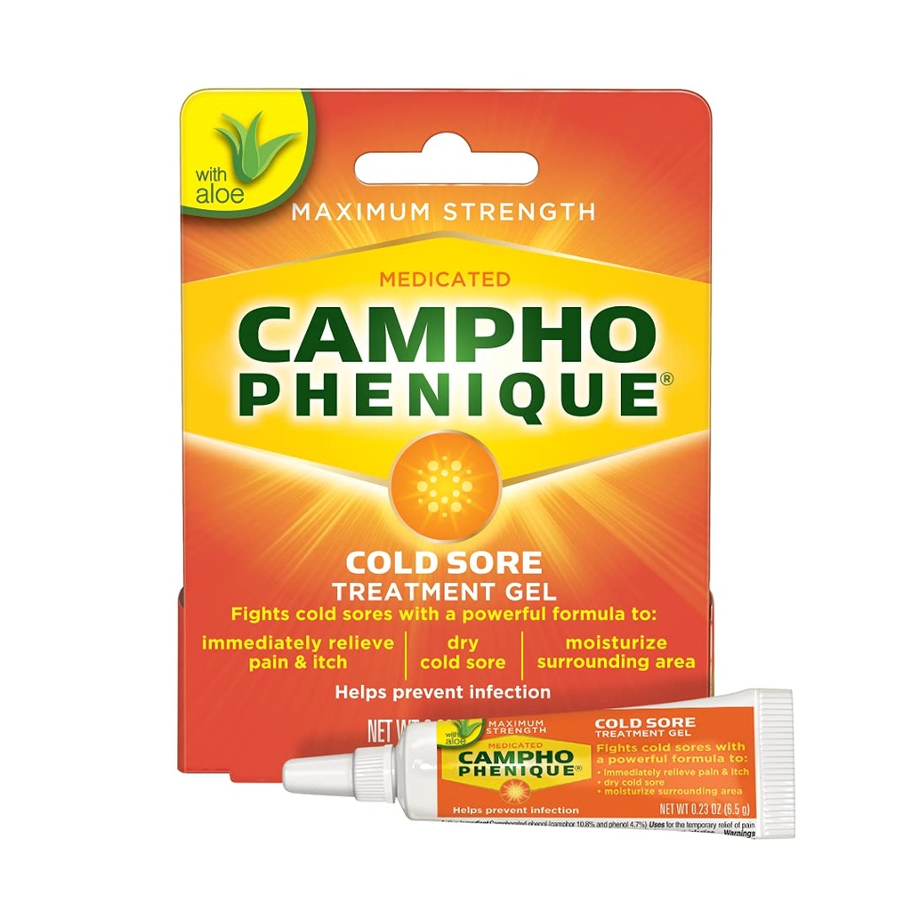 Campho Phenique Traitement des plaies froides et de la fièvre pour les lèvres, la force maximale fournit un soulagement instantané, aide à prévenir l'infection pour promouvoir la guérison, formule gel originale, 0,23 Oz