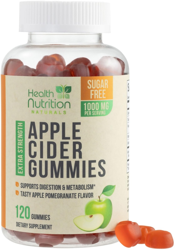 Apple Cider Vinegar Gummies 1000mg - Max Strength Sugar Free ACV Gummy Vitaminen, Ondersteunt Metabolisme & Energy, Keto vriendelijk, Vitamine B12, Gelatine-vrij, Glutenvrij, Veganistisch & Non-GMO - 120 Gummies