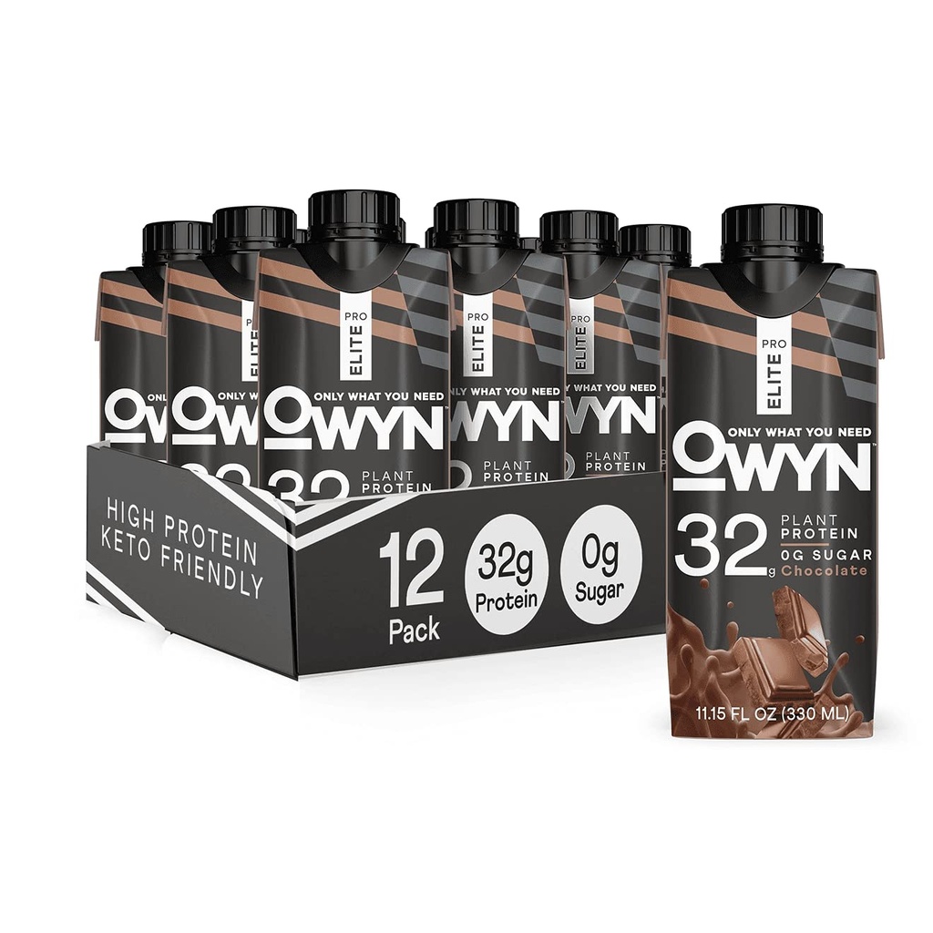 OWYN Pro Elite Vegan High Protein Shake, Chocolate, 32g Plant Based Protein, met vezels, prebiotica, Superfoods Greens, workout en herstel, 0g Net Carbs, Zero Sugar, Keto (12 Pack)