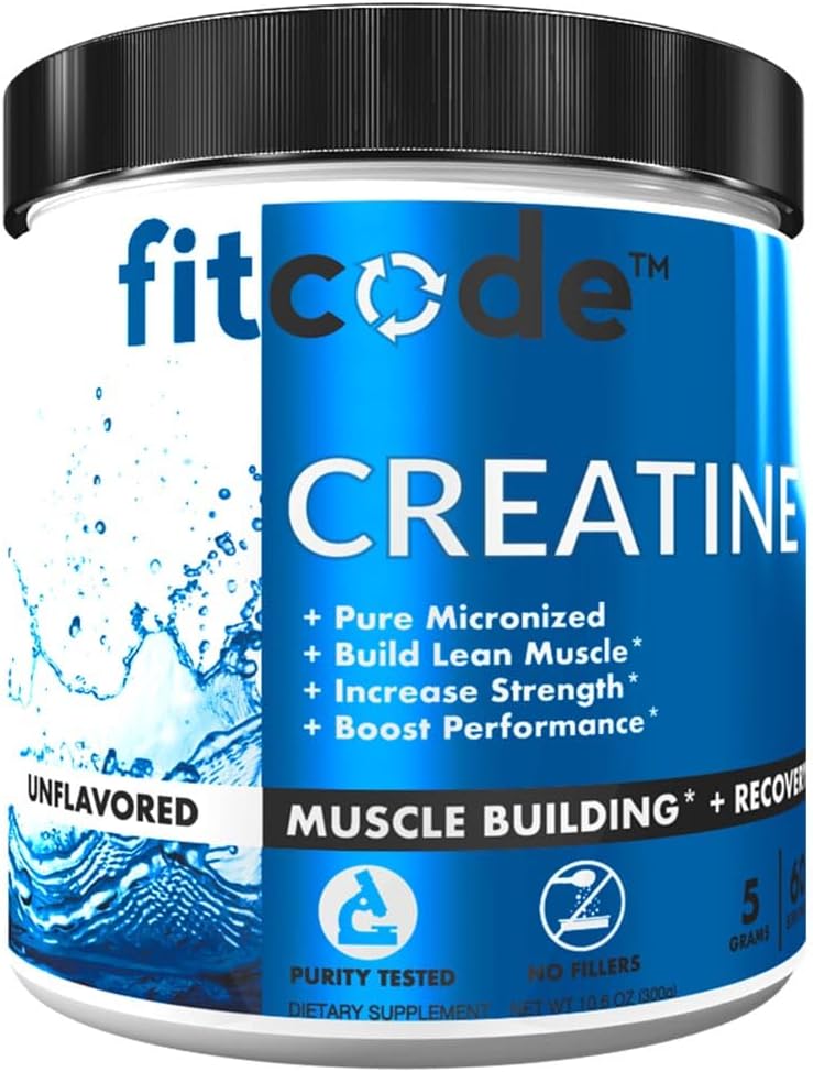 fitcode Creatine Monohydraat 5 Gram Pure Micronized Creatine Monohydraat voor spieropbouw, herstel, sterkte & uithoudingsvermogen, Ongearomatiseerd poeder, 60 porties
