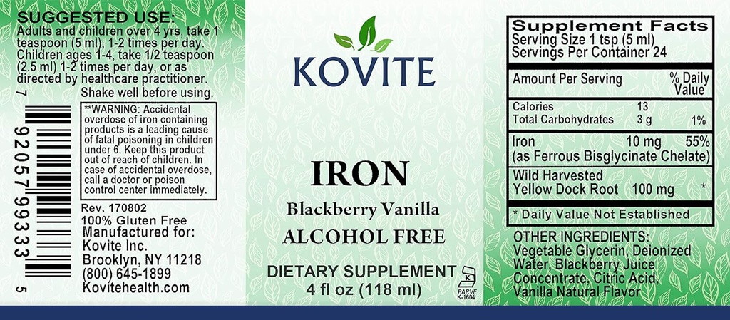 Fer liquide 10 mg - Augmenter l'énergie et les niveaux de sang sans nausée ou constipation – gouttes de fer liquides pour les hommes, les femmes et les enfants - BlackBerry Vanilla Flavor - 4 fl oz. Certifié Kosher