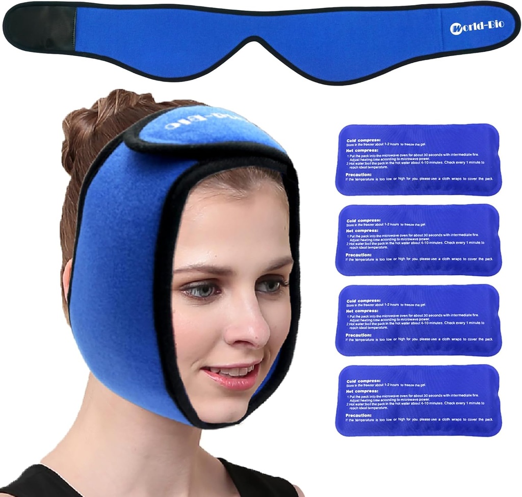 Face Ice Pack Wrap voor TMJ, Wijsheidstanden, WORLD-BIO Jaw Wrap met 4 Herbruikbare Hot Cold Therapie Gel Packs voor Hoofd, Chin, Orale en Gezichtschirurgie, Pijnverlichting voor Zwelling, Verwondingen, Tandimplantaten