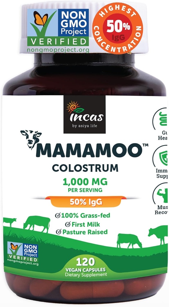 MamaMooTM Colostrum Powder > 50% IgG, Grass Fed, First Non Gmo Verified Colostrum, Gut Health Bloating Immunity Skin & Hair, Bevat 400+ Bioactive Nutrients, Third Party Lab Tested (120 Capsules)