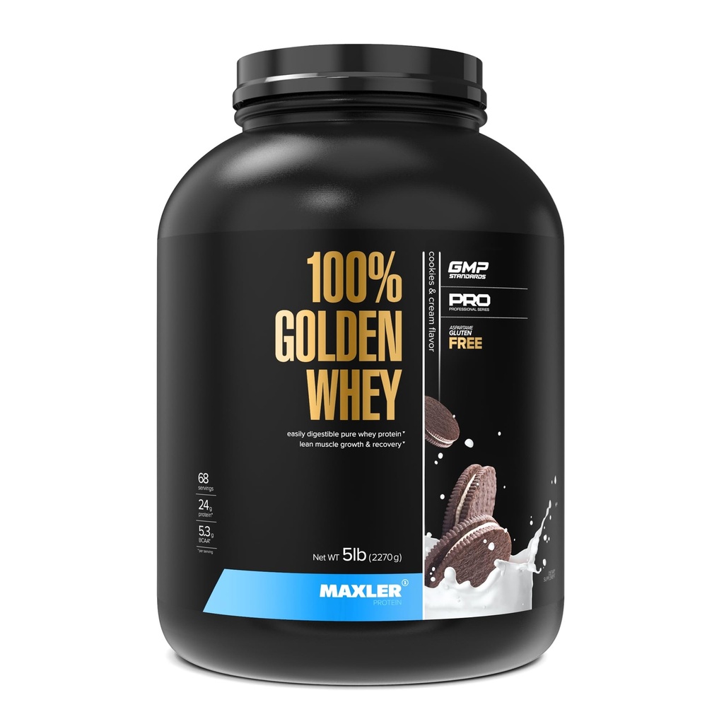 Maxler 100% Golden Whey Protein - 24g de protéines par portion - Premium Whey Protein Poudre pour pré-entraînement - Fast-Absorbing Whey Concentrate, Isolate & Hydrolysate Blend - Cookies et Crème 5 lb
