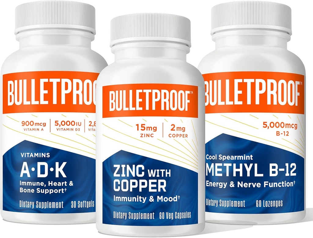 Kogelvrij Triple Threat Strength Bundle, Vitaminen A-D-K, 30 Softgels, Zink met koper, 60 Capsules, Methyl B-12, Spearmint smaak, 60 Lozen
