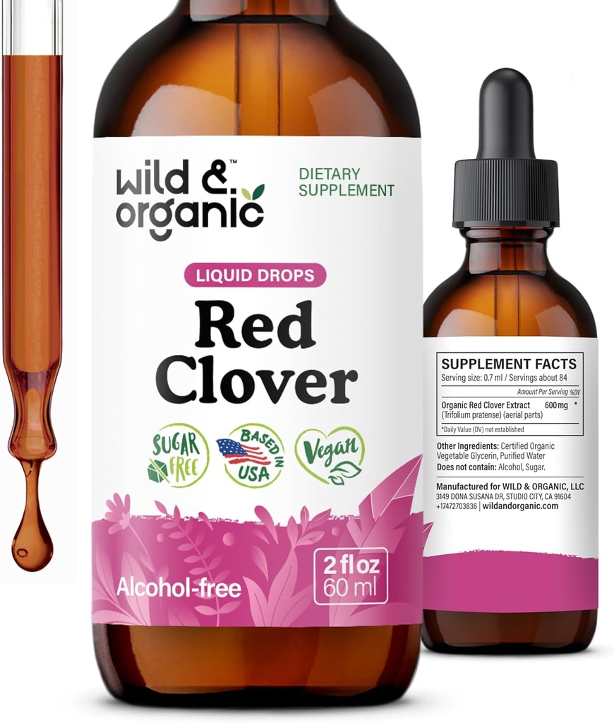 Wild & Organic Red Clover Extract Drops - Menopauze Supplements for Women - 600 mg Liquid Red Clover Tinctuur - 1-maand Supply - Trifolium Pratense Blossom - Sugar & Alcohol-Free - 2 oz
