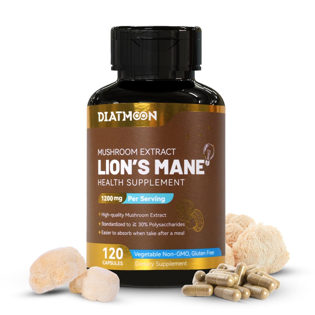 Lions Mane Complément Capsules, Lion Mane Mushroom 1200mg, Soutien Cerveau et Immune, Non-OGM, Non-Gluten, Vegan-Amiendly, Lion, 120 Compte