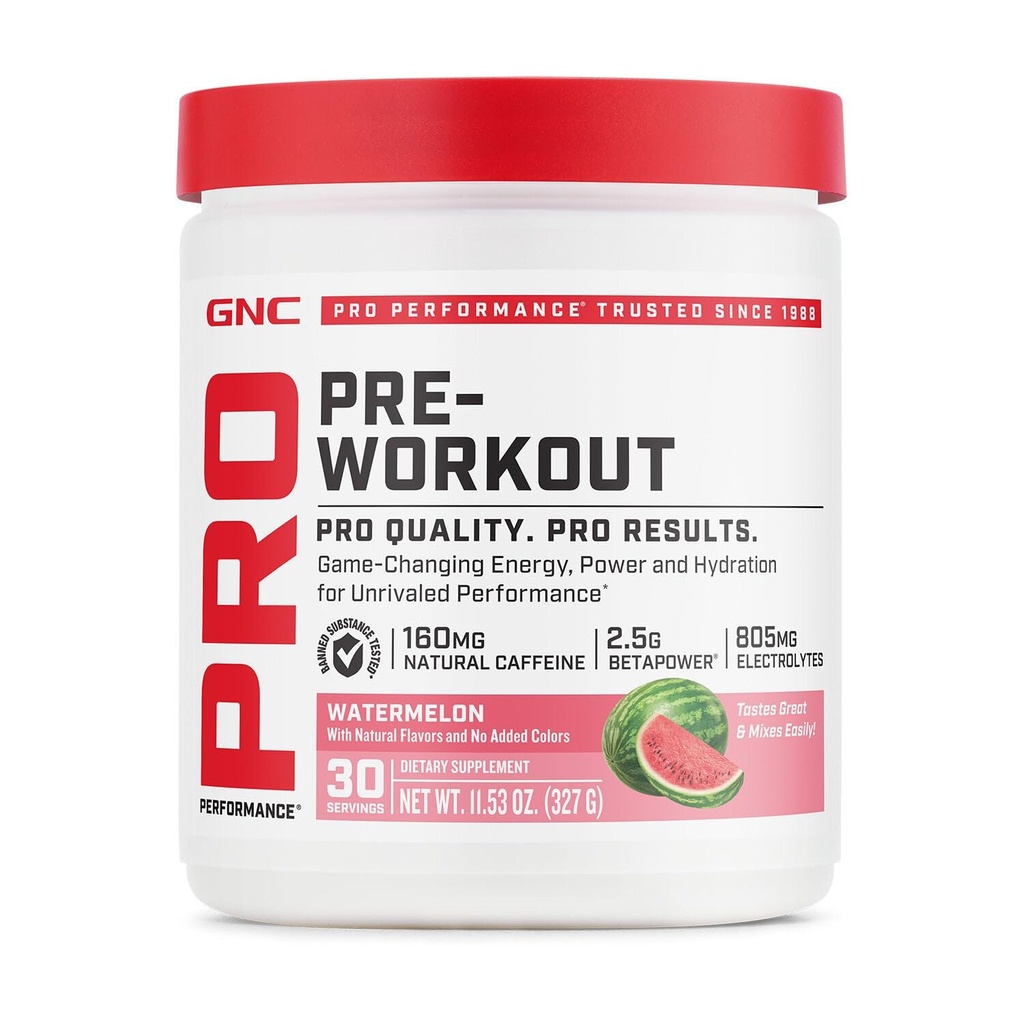 GNC Pro Performance Pre Workout Powder voor mannen en vrouwen, energie, hydratatie en focus, suikervrij, glutenvrij, prestatiesupplement, watermeloen, 30 porties
