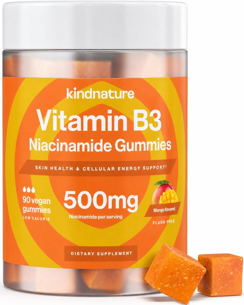 kindnature Vitamine B3 Niacin Gummies - Flush Free Niacinamide 500mg Supplement - Vegan, Non-GMO, Low-Calorie, Gluten-Free, Soy-Fee, 3rd Party Lab Getest - 1 maand levering, 90 Kauwbare Gummies