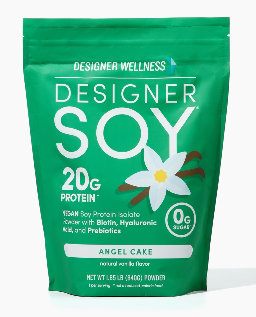 Designer Wellness, Soy Isolaat Protein Powder with Biotin, Hyaluronic Acid, and Prebiotics, Vegan, 0 Sugar, Non-GMO, Angel Cake Vanilla, 1,87 lb
