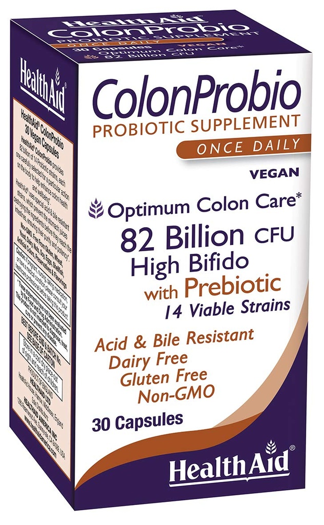 HealthAid ColonProbio 82 Miljard met Prebiotic, 14 Strains, Once Daily, 30ct, Optimum Colon Care, Acid & Bile Resistant, Dairy Free, Gluten Free, Non-GMO