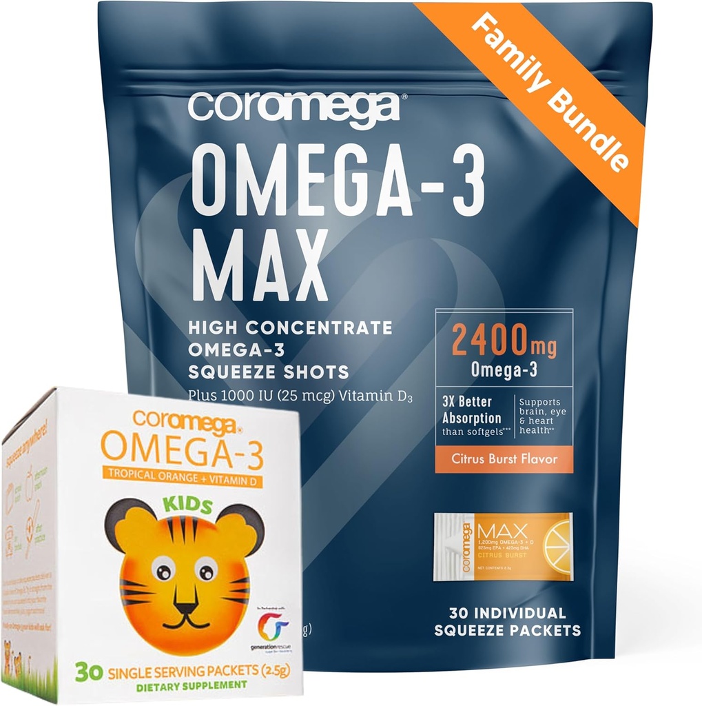 Coromega Family Bundle Omega-3 Visolie voor volwassenen & kinderen (60 knijperverpakkingen) 2400mg/650mg Omega-3 + Vitamine D, 3X Meer Absorptie dan Pillen, Geen Fishy Afdronk, Citrus Burst & Tropical Orange