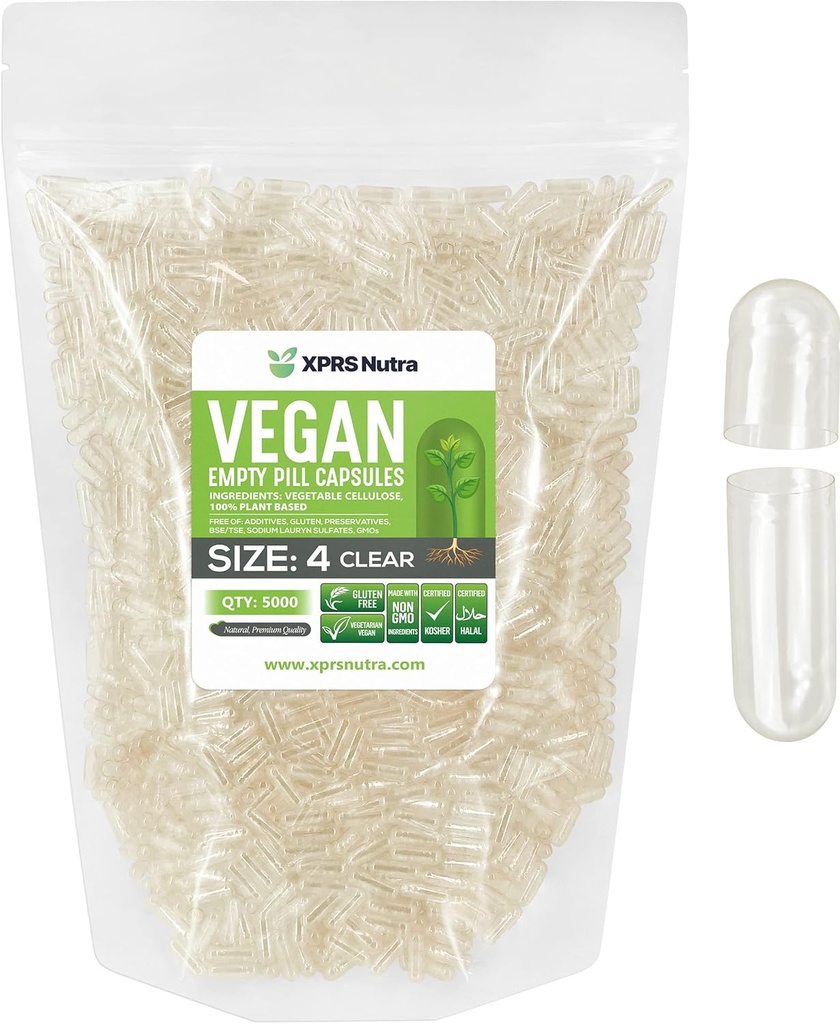 XPRS Nutra Taille 4 Capsules vides - 5000 Compter Petites Capsules Vegan vides - Garniture de capsules végétales bricolage - Remplissage Do-It-Youlf rechargeables Caps de pilules vegie pour suppléments