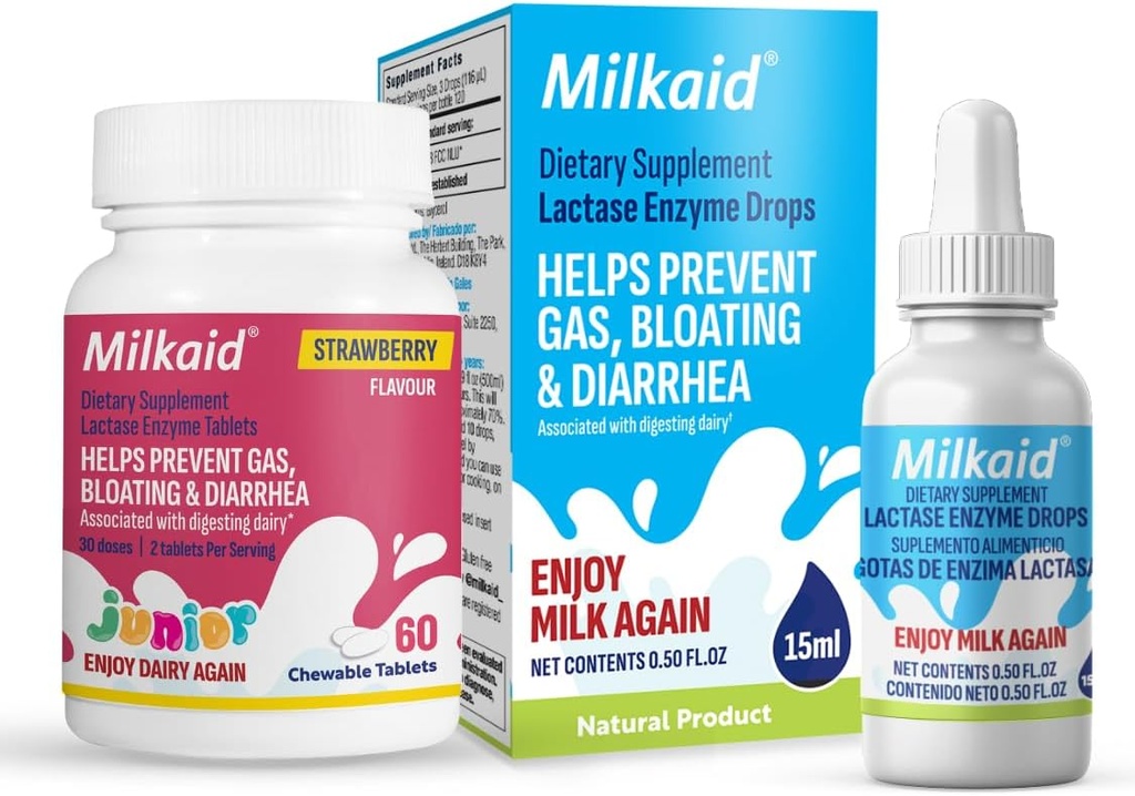 Melkaid Junior Lactase Enzyme Kauwtabletten voor Lactose Onverdraagzaamheid Voorkomt Gas, Bloating, Diarree bij kinderen