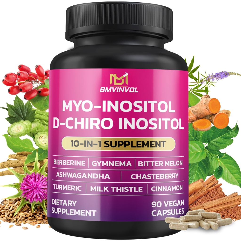 Supplément Inositol BMVINVOL - Myo-Inositol et D-Chiro Inositol Idéal rapport 40:1 - Plus Berberine, Cannelle, Ashwagandha + 5 Plus - 90 Capsules