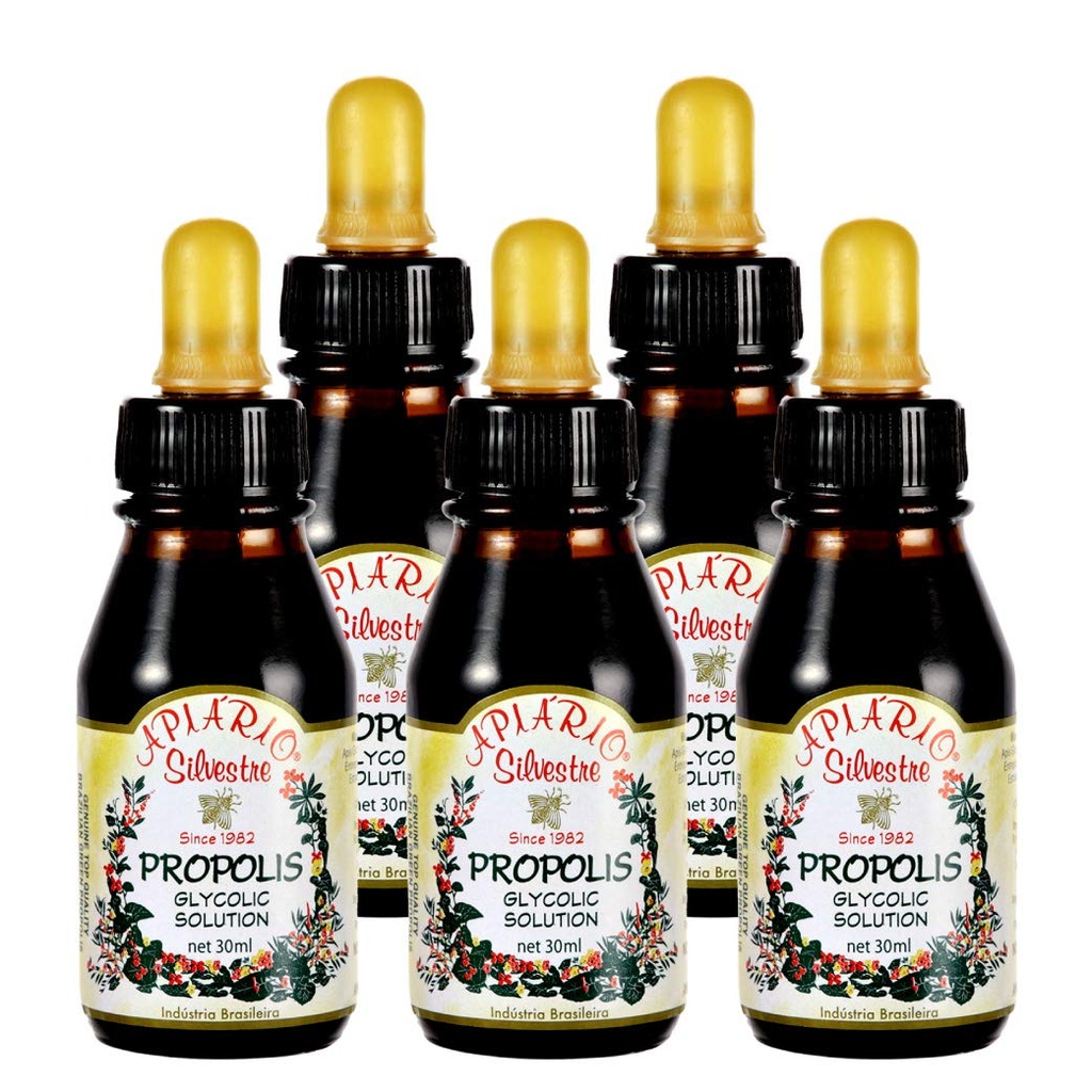 Distributeur officiel - 5 bouteilles d'Apiario Silvestre Brésilien Green Bee Propolis Liquide Glycolique Extrait non alcoolique, sans cire, sans sucre (PG)