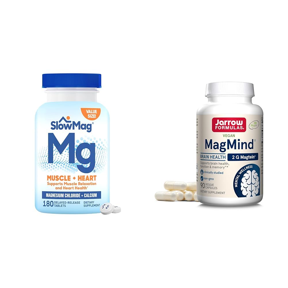 SlowMag Muscle + Heart Magnesium Chlorid with Calcium Supplement to Support Muscle Relaxation & Jarrow Formulas MagMind Brain Health with Magtein (Magnesium L-Threonate), Dieetsupplement
