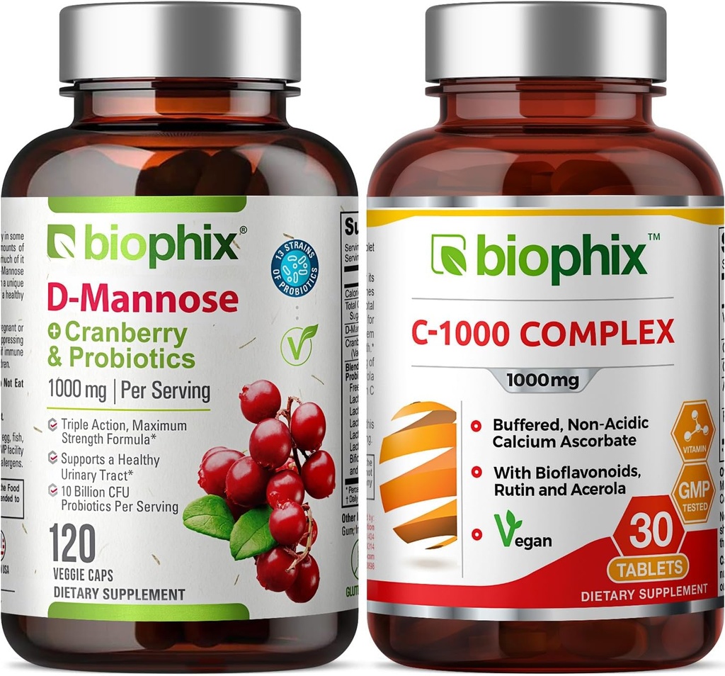 biophix D-Mannose Plus Cranberry Probiotica 1000 mg 120 Vcaps - Vrije Vitamine C-1000 30 tabletten - Ondersteunt urineblaas Tract Gezondheid en spijsvertering Welzijn