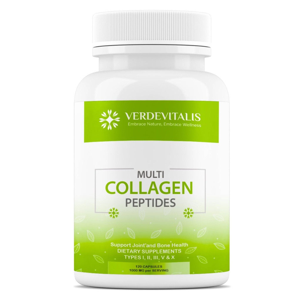 Multicollagen Peptides Capsules -Non-GMO&Gluten Free Type I, II, III, V, X Gehydrolyseerde collagen Supplementen met vitamine C - Ondersteunt gezond haar, huid, nagels, & gewrichten - 120 CPS