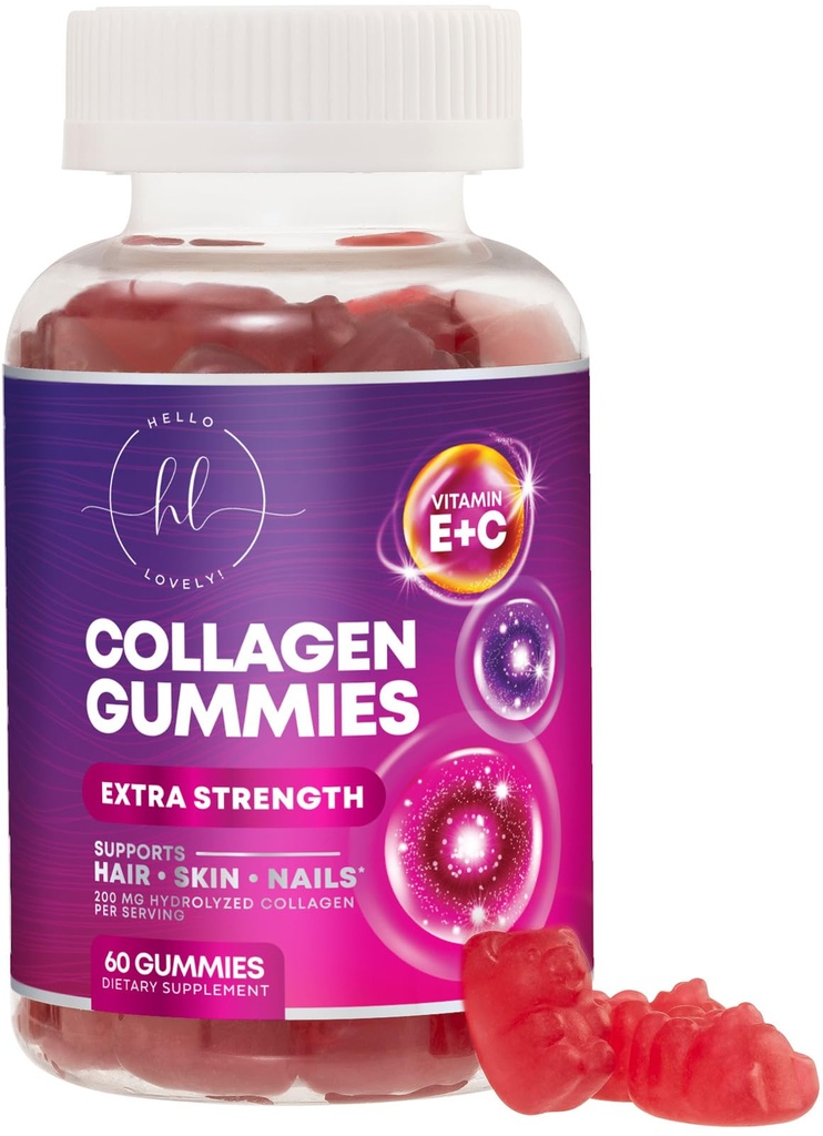 Peptides de collagène Gommies avec 2500 mcg Biotine - Supplément de protéines hydrolysées de type I et III multi collagène avec vitamine C et zinc - Support pour cheveux, peau, ongles, goût de grenade - 60 gommies