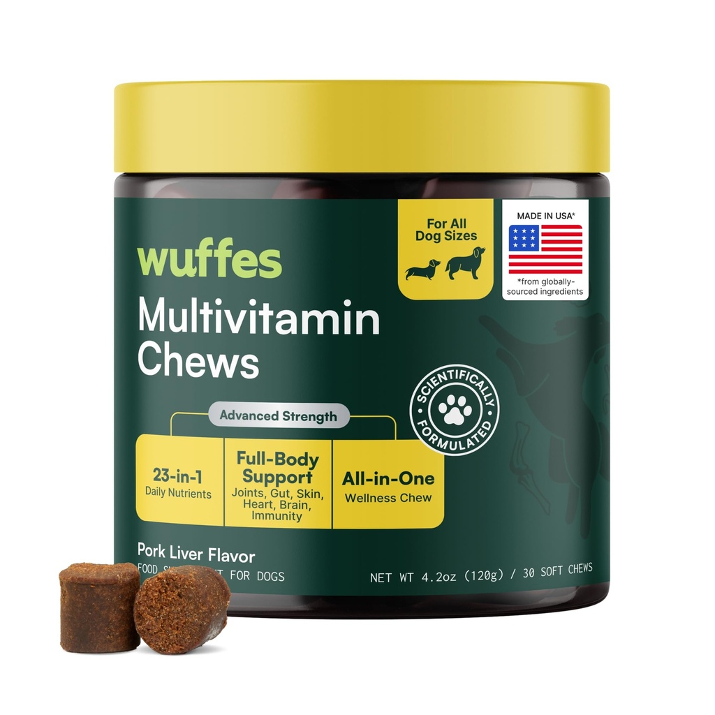 Wuffes 23-in-1 Honden Multivitaminesupplement voor Hip & Joint, Skin & Coat and Immuun System Support met Omega 3, ijzer, zink, vitamine C - Mineralen en vitamines voor senior honden en puppies - 30 Zachte kauwen