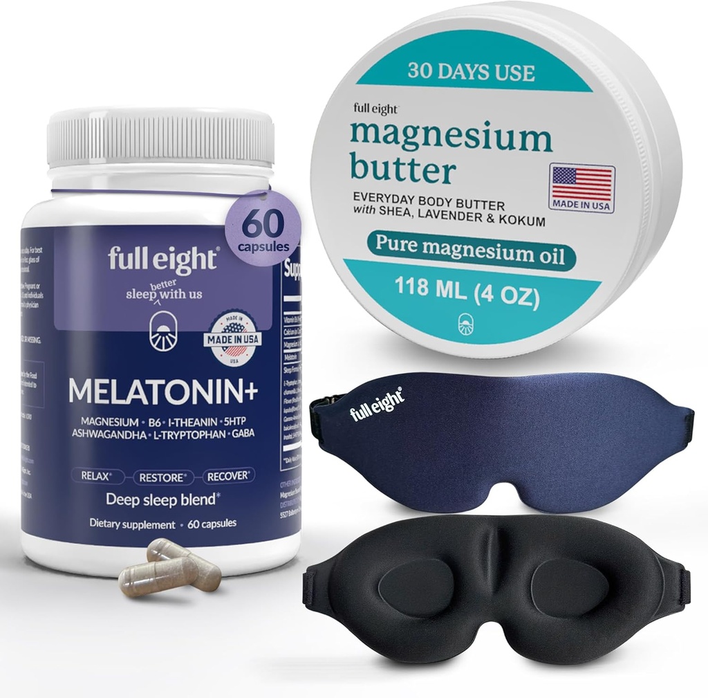 Ensemble de sommeil: Masque de sommeil 3D, Melatonine+ Dissolve rapide Suppléments de mélatonine 60 Capsules, et Beurre de Magnésium pour Jambes Tensées et Muscles Tight, Crème de 4oz