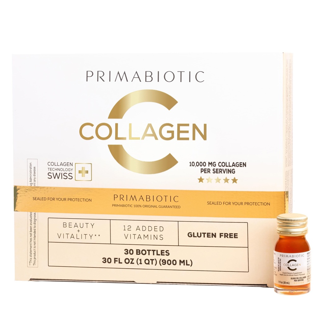 Collagène liquide PRIMABIOTIC - haute teneur en collagène [10 000 Mg] par portion - Collagène hydrolysé et 12 vitamines - Sans gluten- 900 Ml - Boîte de 30 bouteilles x 30 Ml (1)