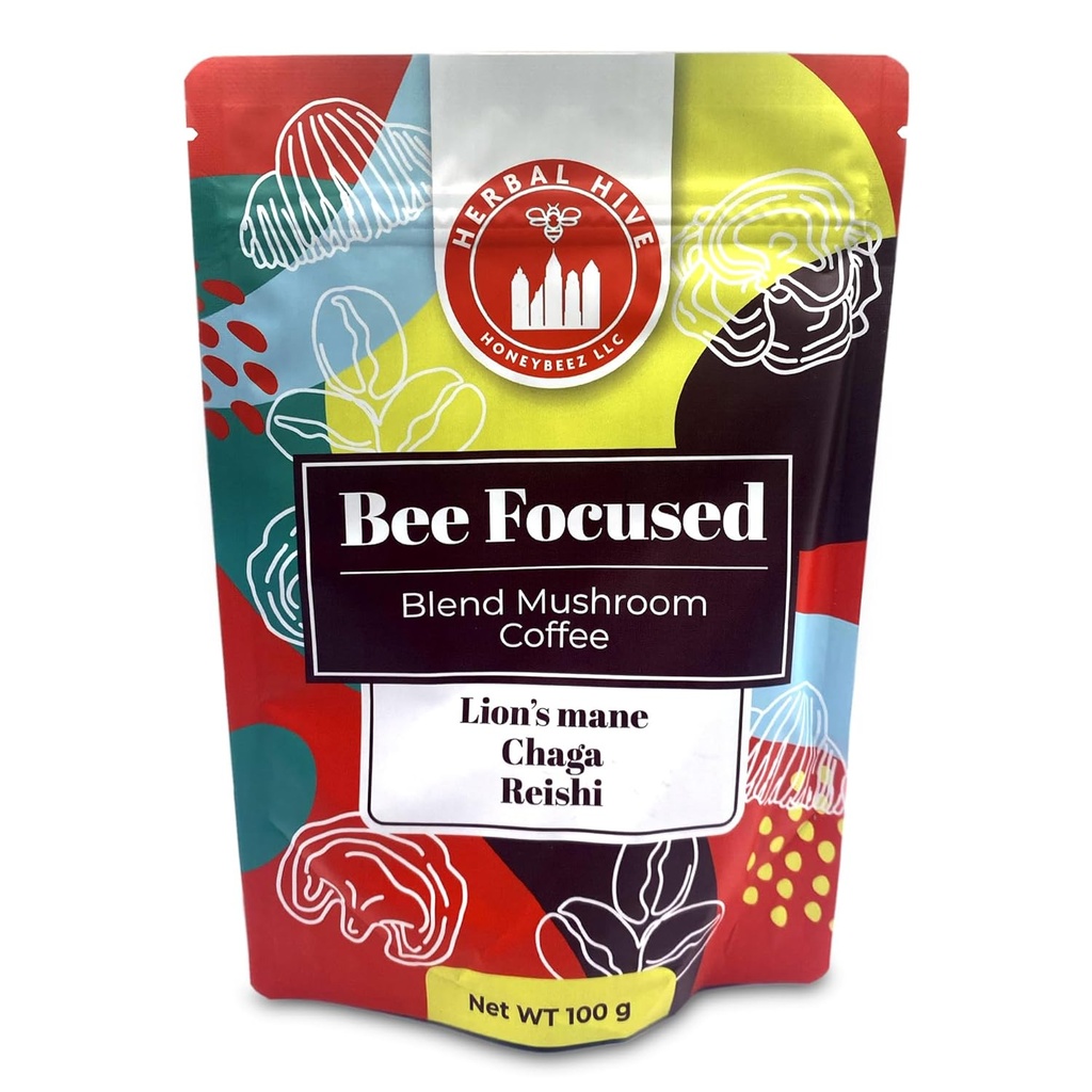 Coffee de champignons par Herbal Hive Bee Focused comprend des Adaptogènes Reishi, Lion's Mane et Chaga Superfood Low Acid Instant 30 portions (3.5 oz, Dark Roast)