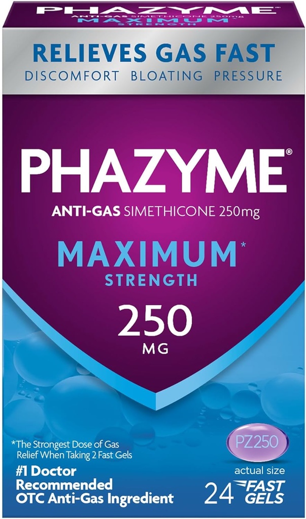 Phazyme Maximum * Sterkte Anti-Gas 250 mg Simethicone Gas Relief voor volwassenen, snelle Gels Snel verzachten opgeblazen, druk en ongemak, 24 Tel.