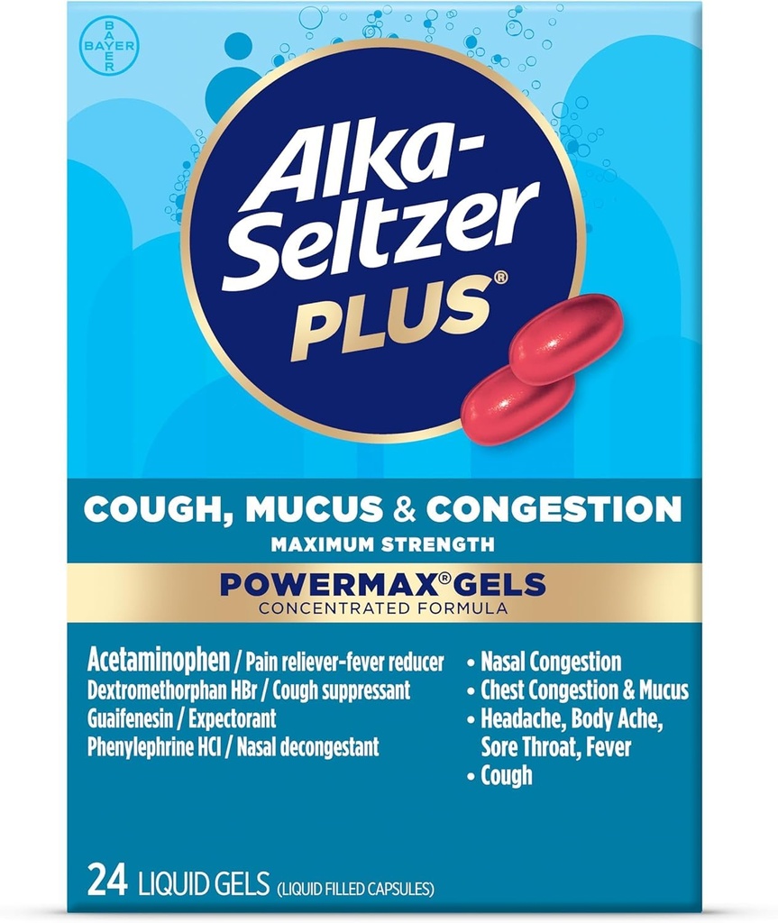 Alka-Seltzer Plus Maximale sterkte Hoest, Slijm & Congestie Powermax Liquid Gels, Snel en effectief Borstcongestie Relief, Hoest Suppressant, Voor volwassenen en kinderen 12 jaar en ouder 24 Tellen