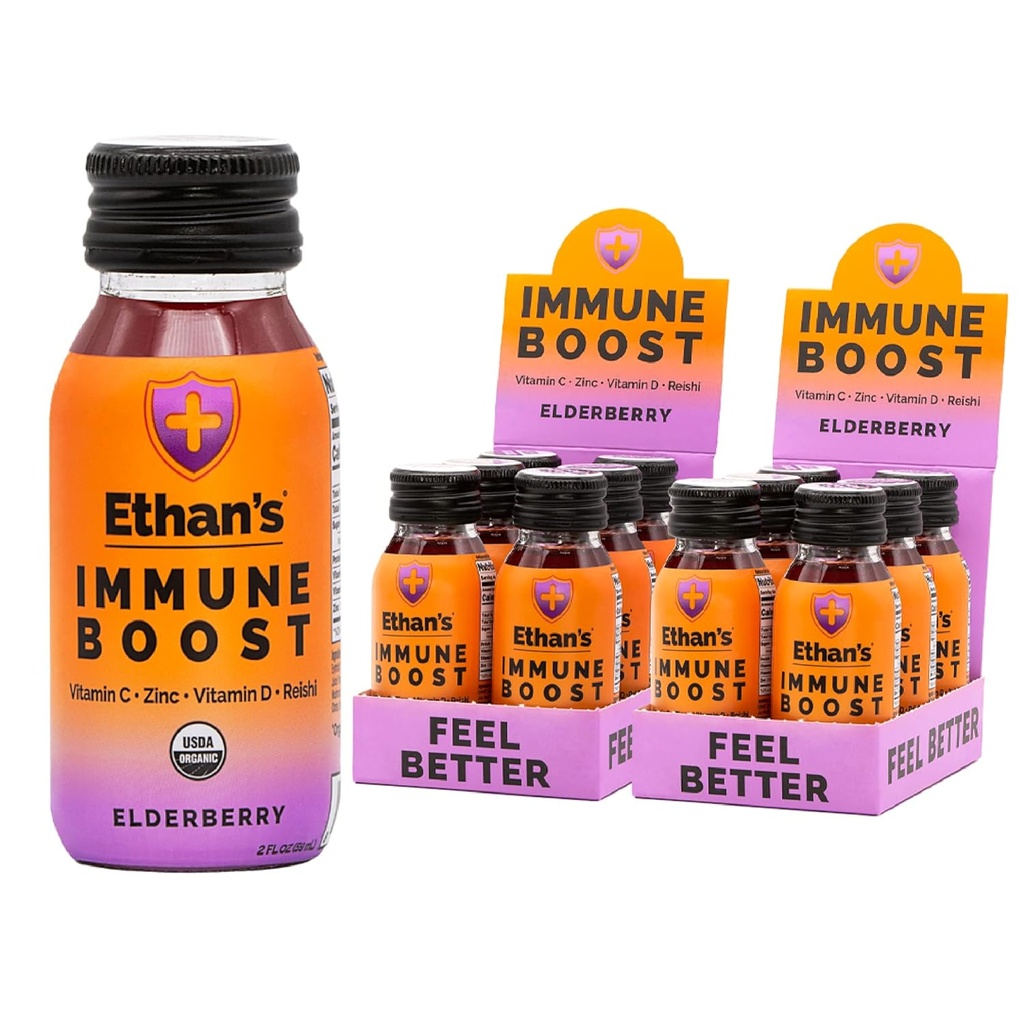 Ethan's Organic Immune Boost Shots, Vlierbessen smaak. Voel je beter. Immuniteitsondersteuning, gemaakt met echt fruit, vitamine C, vitamine D, Reishi, zink, zonder toegevoegde suiker (12 Pack of 2oz Shots)