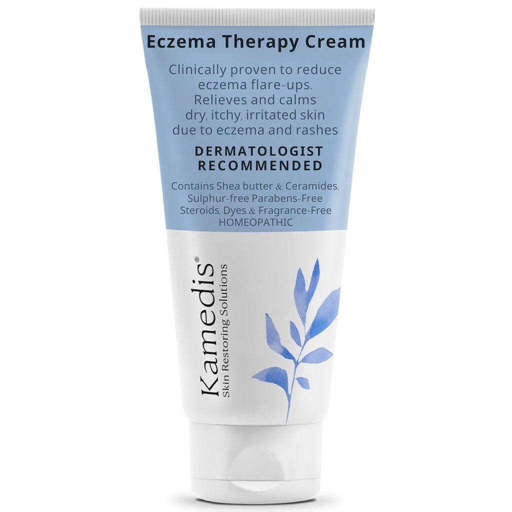 Kamedis Eczeem Therapie Verzachtende Body Cream. Botanische basis. Klinisch bewezen voor jeukende, droge, geïrriteerde huid. Dermatoloog aanbevolen hydraterende behandeling. SLS & paraben-vrij.