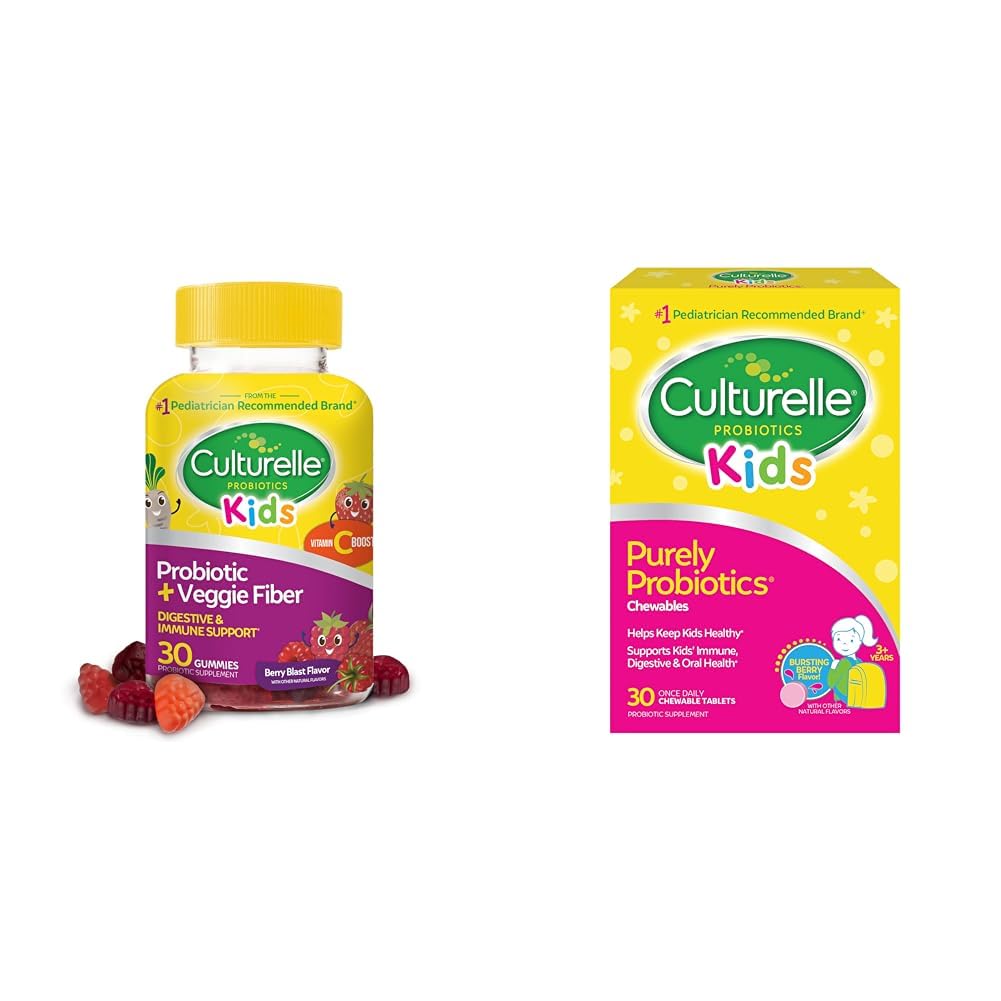 Probiotique quotidien Culturelle pour les enfants + Gommies de fibre de Veggie (Âges 3+) - 30 Count & Kids Probiotique quotidien à croquer pour les enfants, 3+ ans, 30 Count, #1 Pediatrician-Recommander