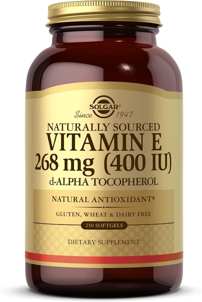 Solgar Vitamine E 268 mg (400 IE) - 250 Softgels - Natuurlijk-gedronken vitamine E als d-alfa-tocoferol - glutenvrij, zuivelvrij - 250 porties
