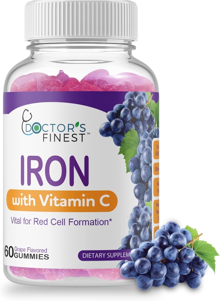 Artsen Orders Iron 10mg Vitamine C Gummies, Vegetarische GGO-vrije glutenvrij, Grote Proeverij Natuurlijke Druivensmaak Gummy Vitaminen, Dieetsupplement, Rode Cell vorming, voor volwassenen en kinderen, 60 Gummies