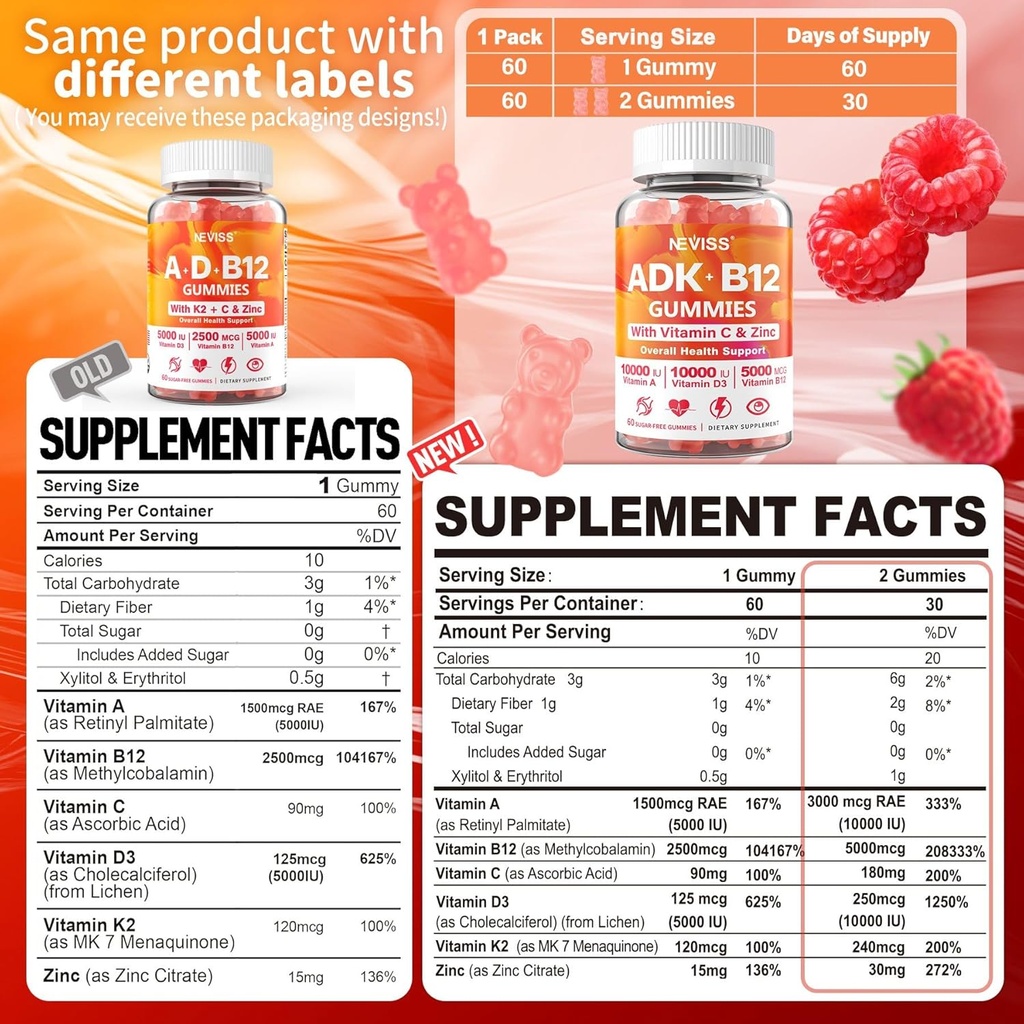 NEVISS 2Pack vitamine ADK met B12 Gummies + 1Pack Glucosamine gevuld Gummies