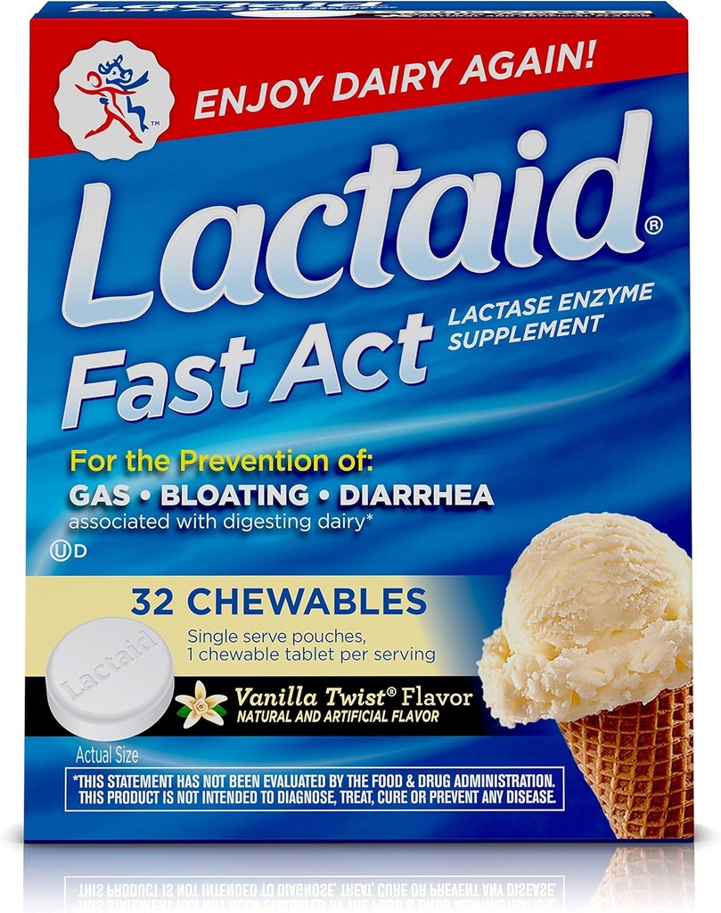 Lactaid Fast Act Lactose Intolerance Kauwtabletten met Lactase Enzymes, Vanilla Twist, 32 stuks van 1-ct.