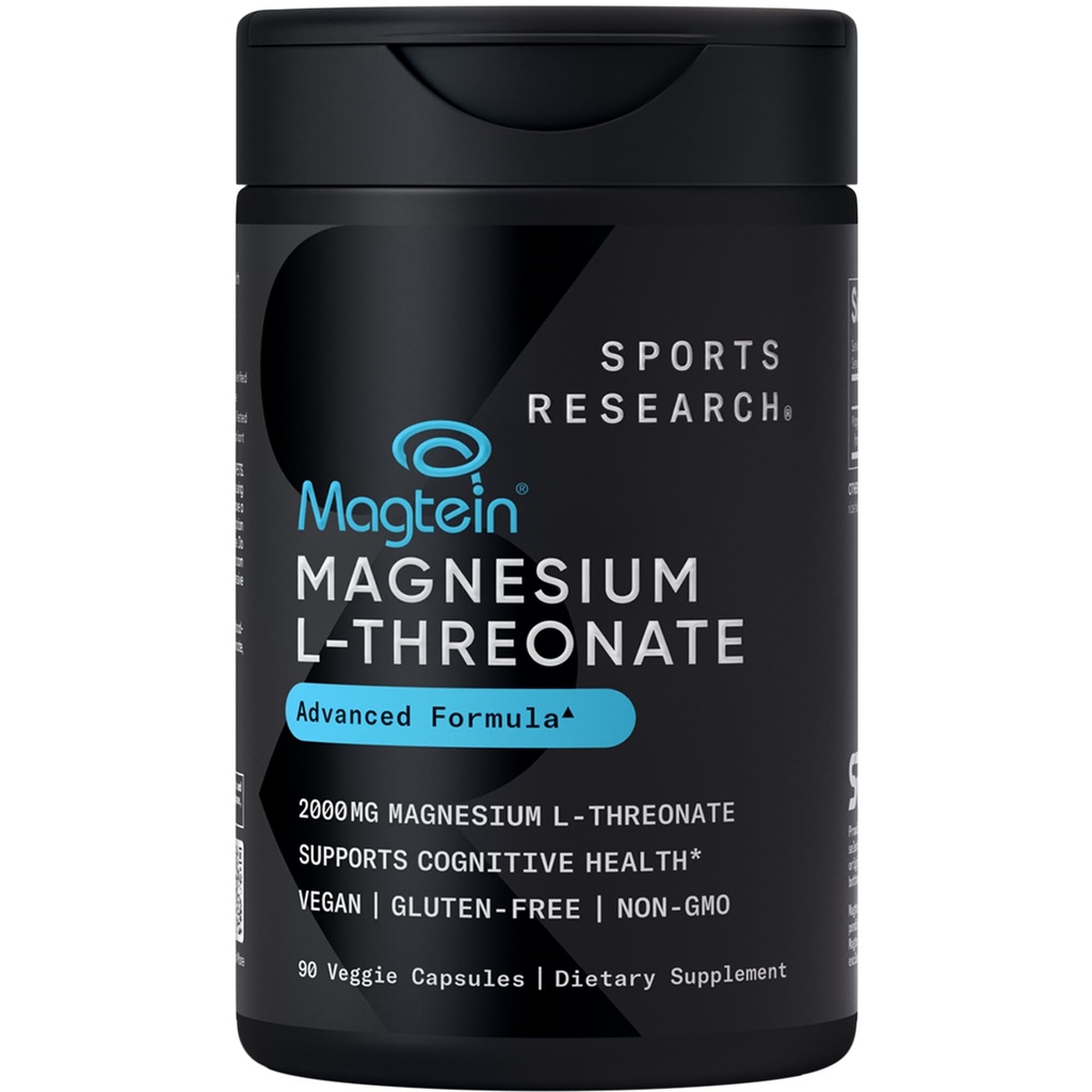 Sportonderzoek Magtein Magnesium L-Threonate Capsules - Magnesium Supplement for Memory, Focus & Cognition - Magnesium L Threonate Supports Brain Health, Sleep & Mood - 2000mg, 90 Capsules for Adults