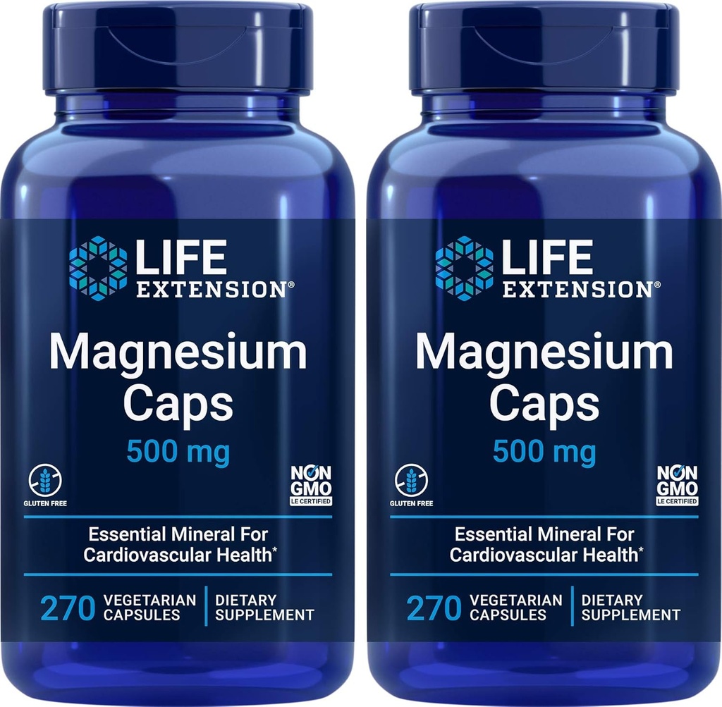 Life Extension Magnesium Caps 500mg, 270 Capsules (verpakking van 2) - Veganistisch, Non-GMO, Mag Complex Supplement w/Oxide, Citraat, Succinaat