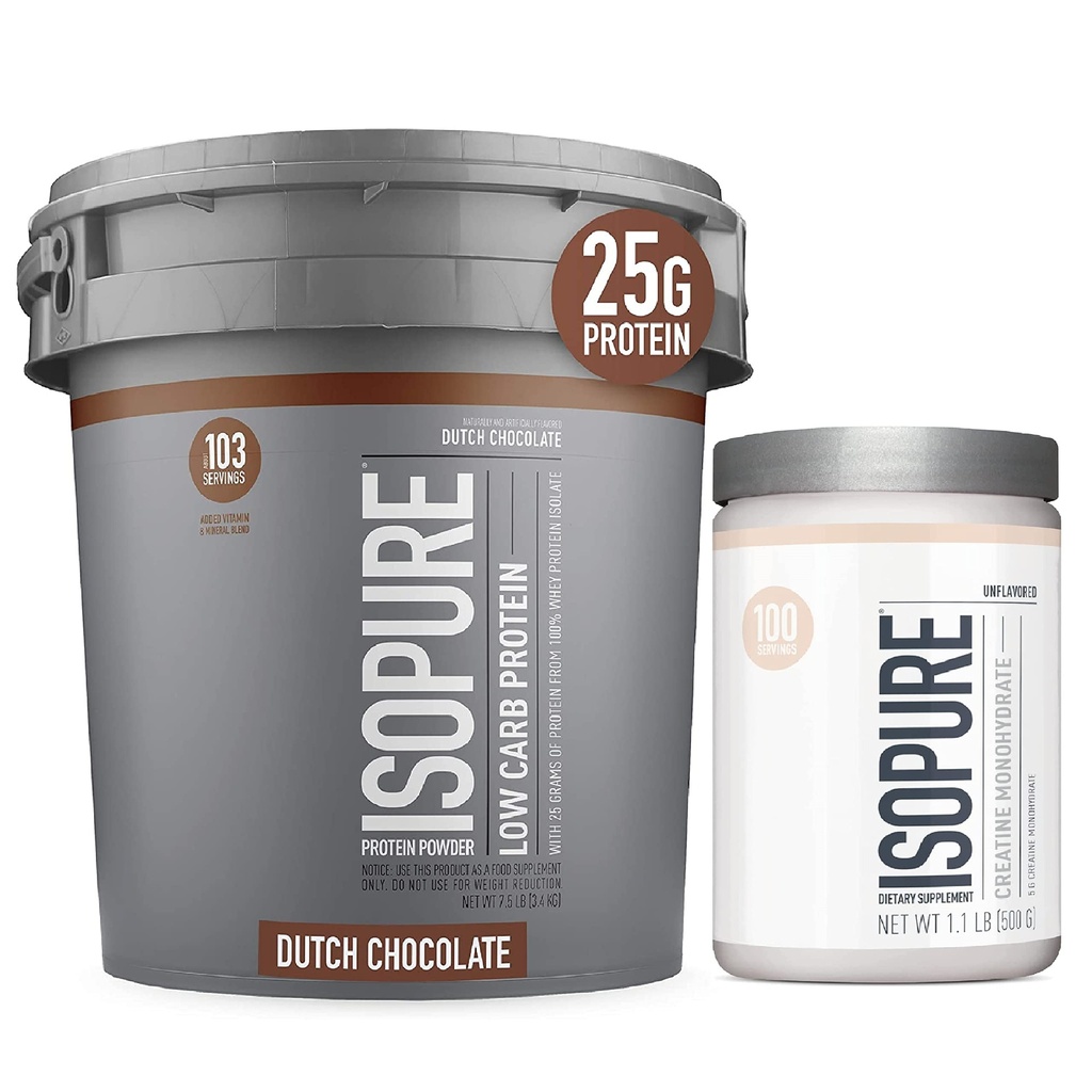 Isopure Proteïnepoeder Lage Carb met Creatine Powder 500g Unflavored, Keto Friendly Protein Powder, 100% Wei Proteïne Isolaat, Proteïne smaak: Nederlands Chocolade, 7,5 Pond