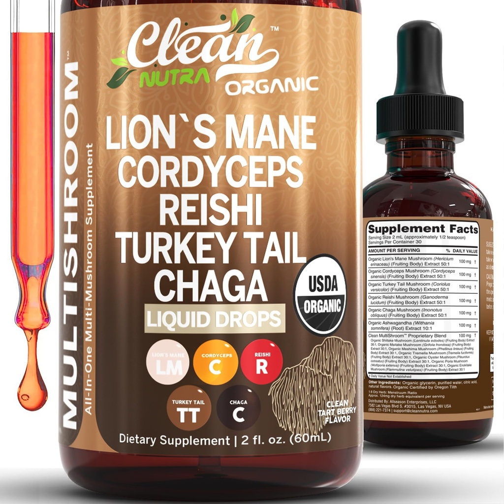Biologische Leeuwen Mane paddo supplement vloeibare druppels + Turkije staart Cordyceps Reishi Chaga Shitake Maitake Tremella Oyster Paddestoelen Poria en Enokitake Complex Blend by Clean Nutra