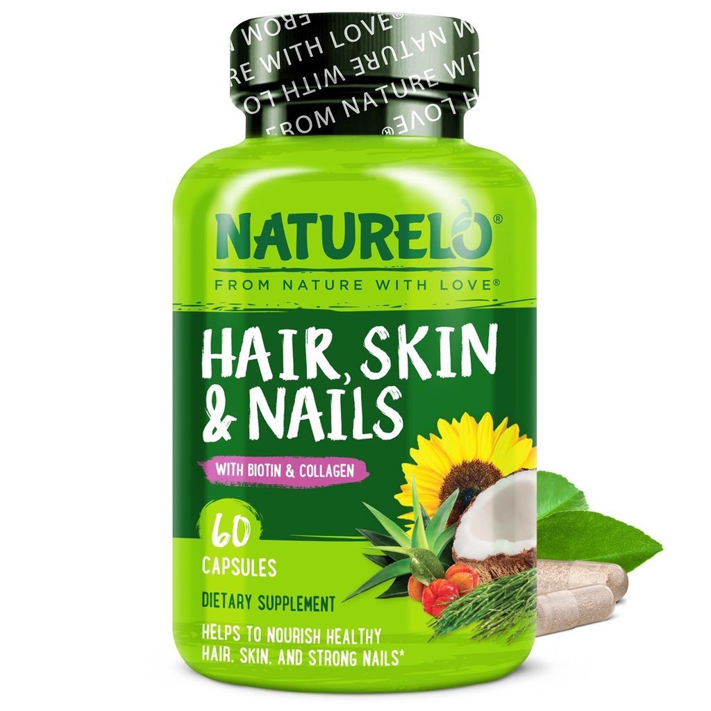 NATURELO Multivitamine des cheveux, de la peau et des ongles - 5000 mcg Biotine, Collagène, Vitamine naturelle E - Supplément pour une peau saine, croissance des cheveux pour les femmes et les hommes 60 Capsules