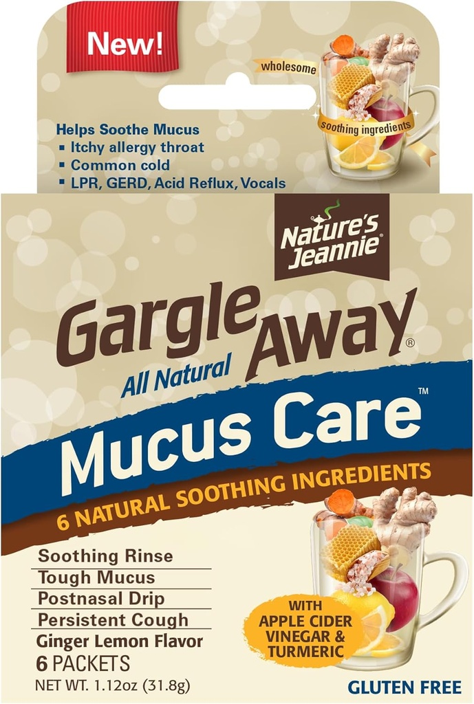 Gargle Away by Nature's Jeannie All Natural Slijm Zorg- Soothes Slijm, Post Neus Drip, Persistent Cough, 6 Packets, Gember citroen smaak