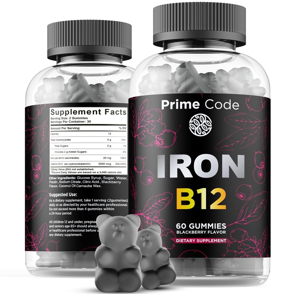Vitamine B12 Gummies pour les femmes et les hommes, supplément de fer 20mg pour les adultes, fabricant de sang gratuit pour l'anémie, Vitamine B12 Gummies avec fer et saveur de mûrier naturel, végétalien, non-OGM, 30 jours d'approvisionnement