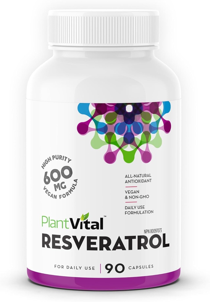 Plantvital Resveratrol 600mg - 90 Vegan Resveratrol Capsules - Hoge zuiverheid Trans Resveratrol Supplement - Antioxidant - Non-GMO, Glutenvrije
