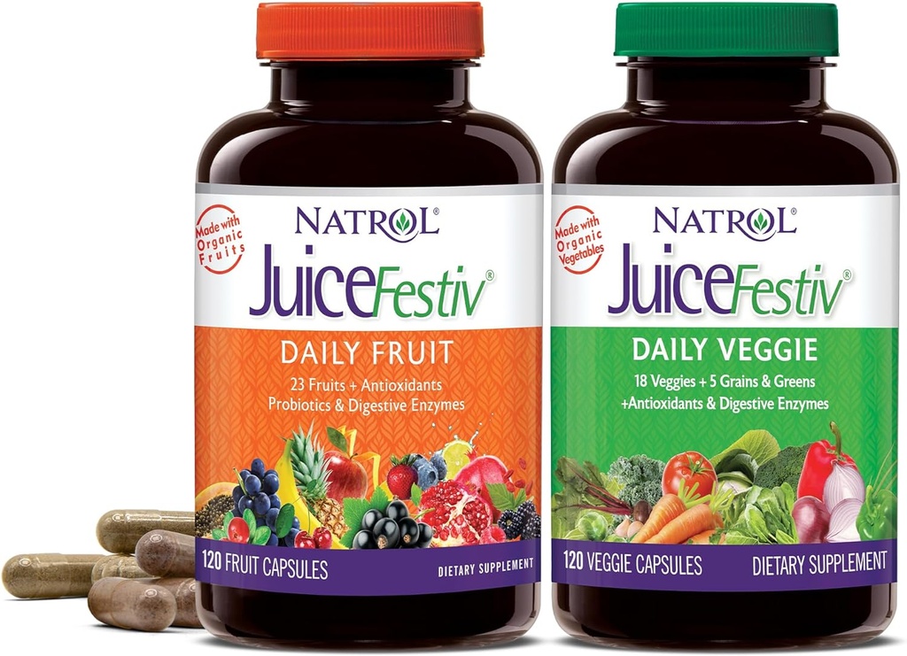 Natrol JuiceFestiv, l'Ultime Fruit et Veggie Super-Food pour soutenir la nutrition équilibrée et le bien-être global, plus les antioxydants pour la santé cellulaire, 120 capsules (2-Count), jusqu'à 60 jours d'approvisionnement